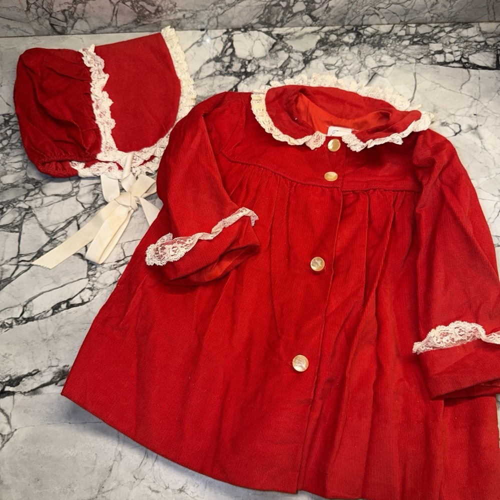 VTG Bryan Baby Girl 18 Months Corduroy Red Holiday Dress Bonnet Set